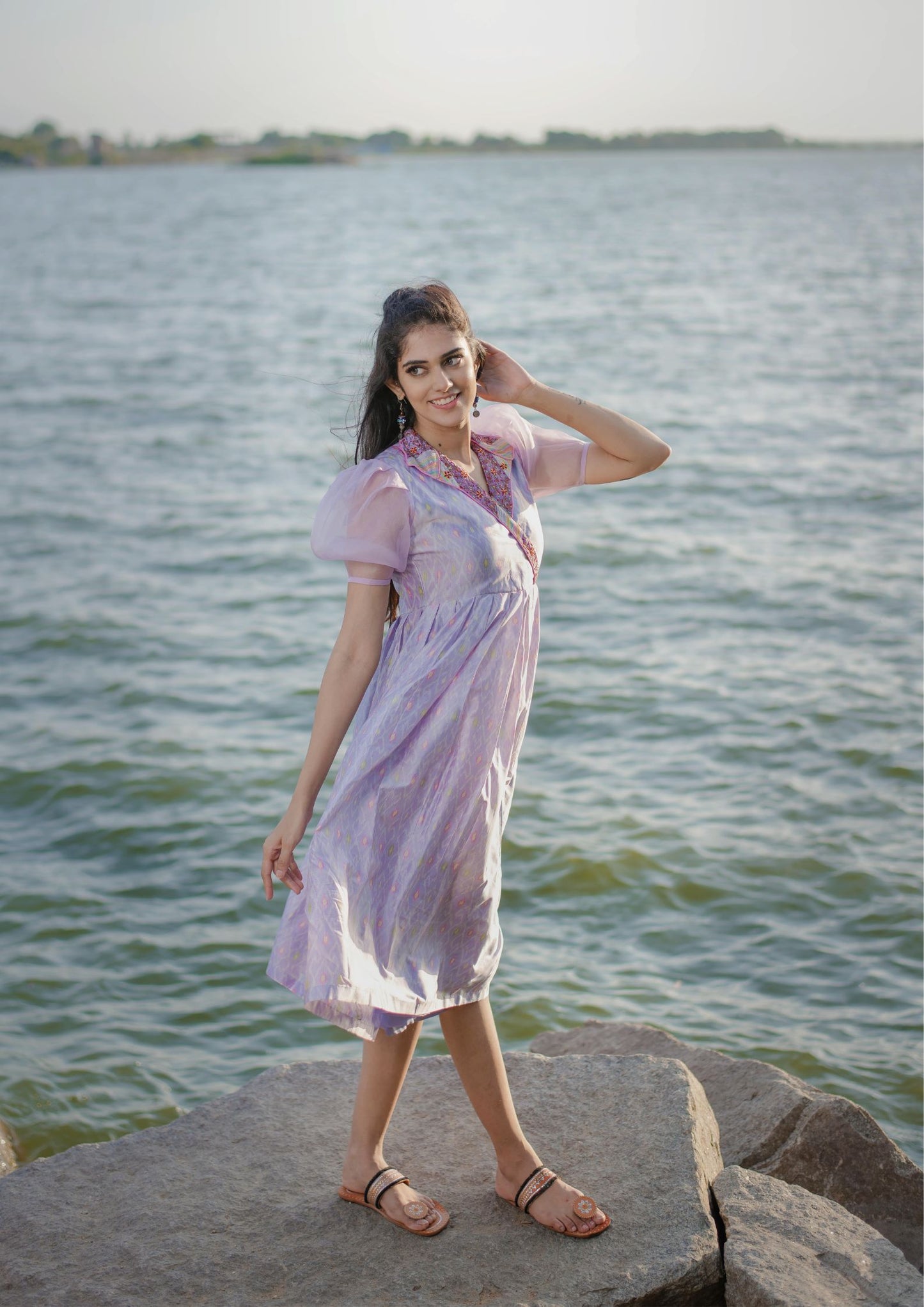 Hand Embroidered Lavender Ikat Silk Dress