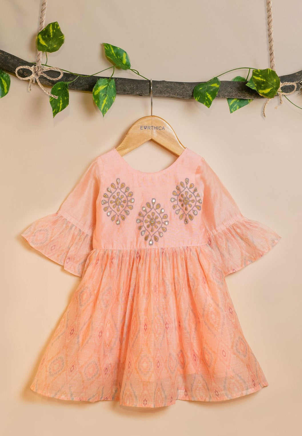 Kids girls - Peach Ikat printed chanderi frock