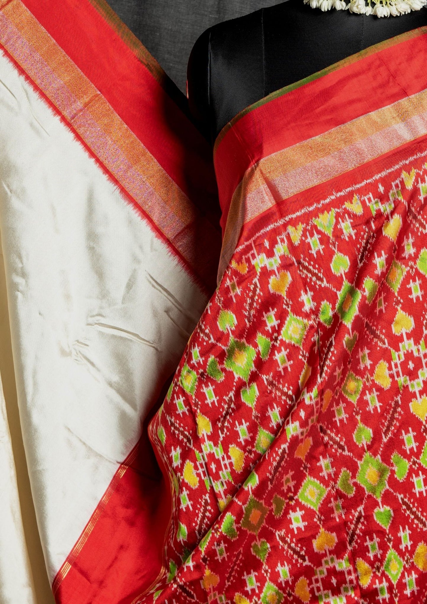 Twill Weave Ikat Silk Saree in White and Red
