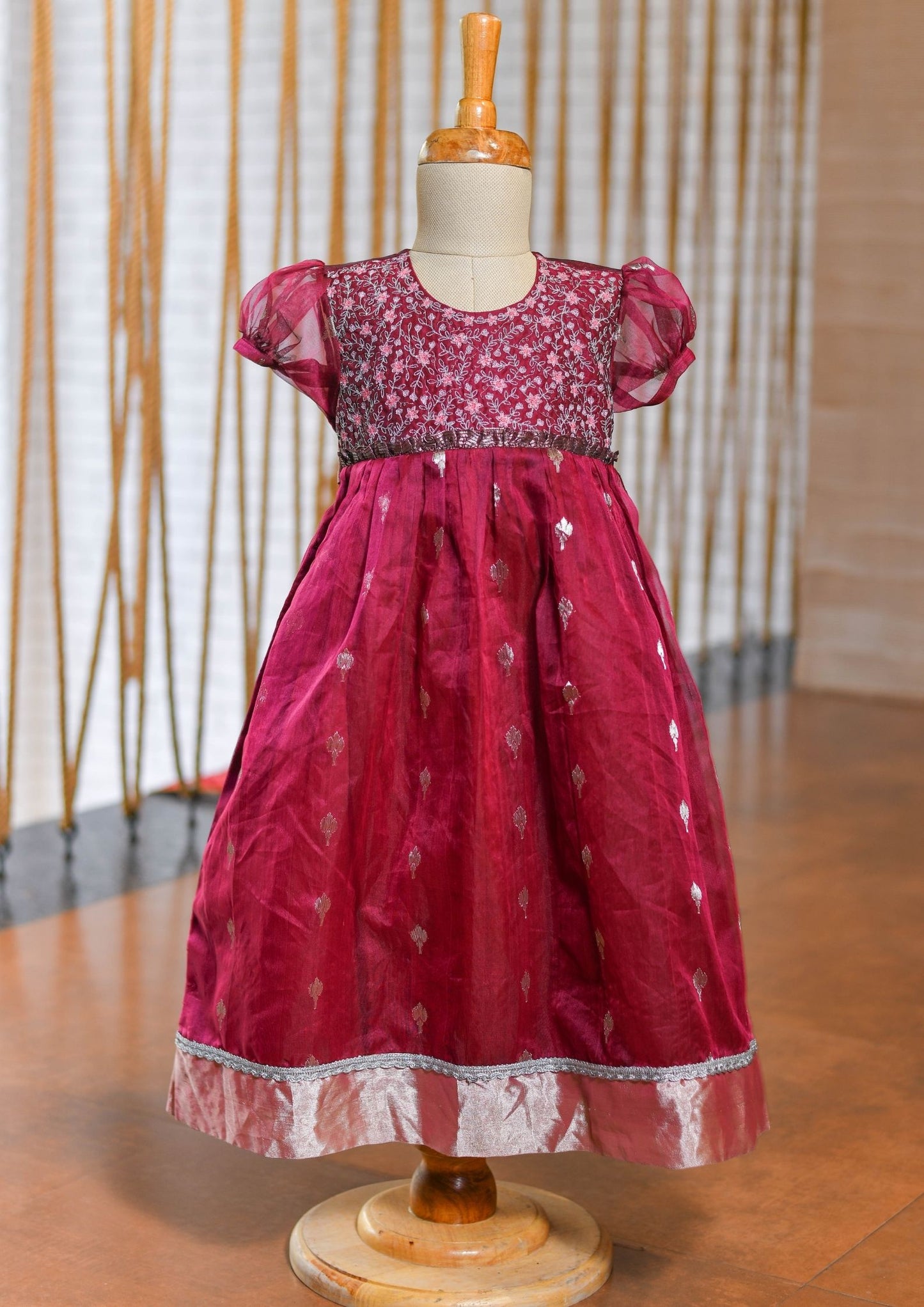 Kids girls - Hand Embroidered Chanderi Frock in Maroon