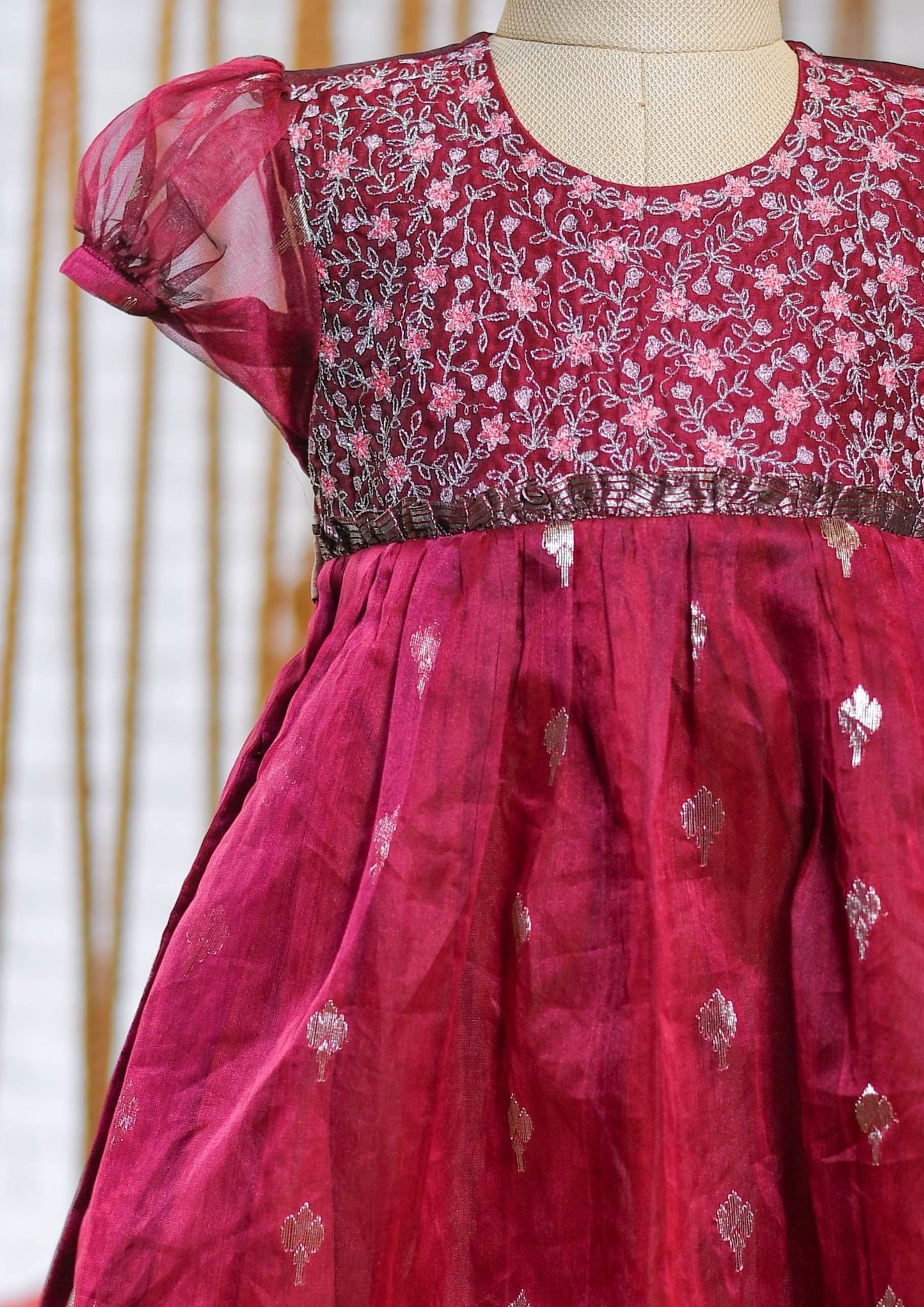 Kids girls - Hand Embroidered Chanderi Frock in Maroon