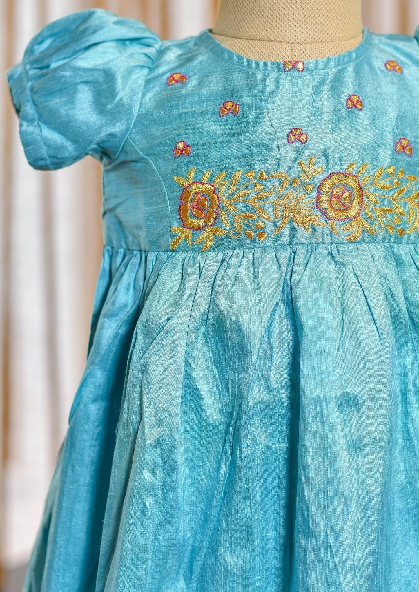Kids girls - sky blue hand embroidered raw silk frock