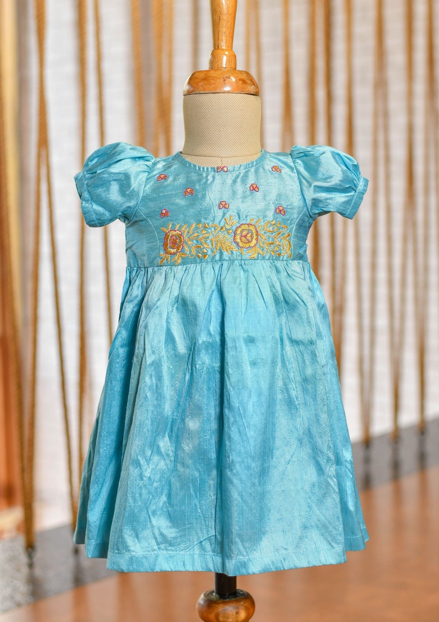 Kids girls - sky blue hand embroidered raw silk frock