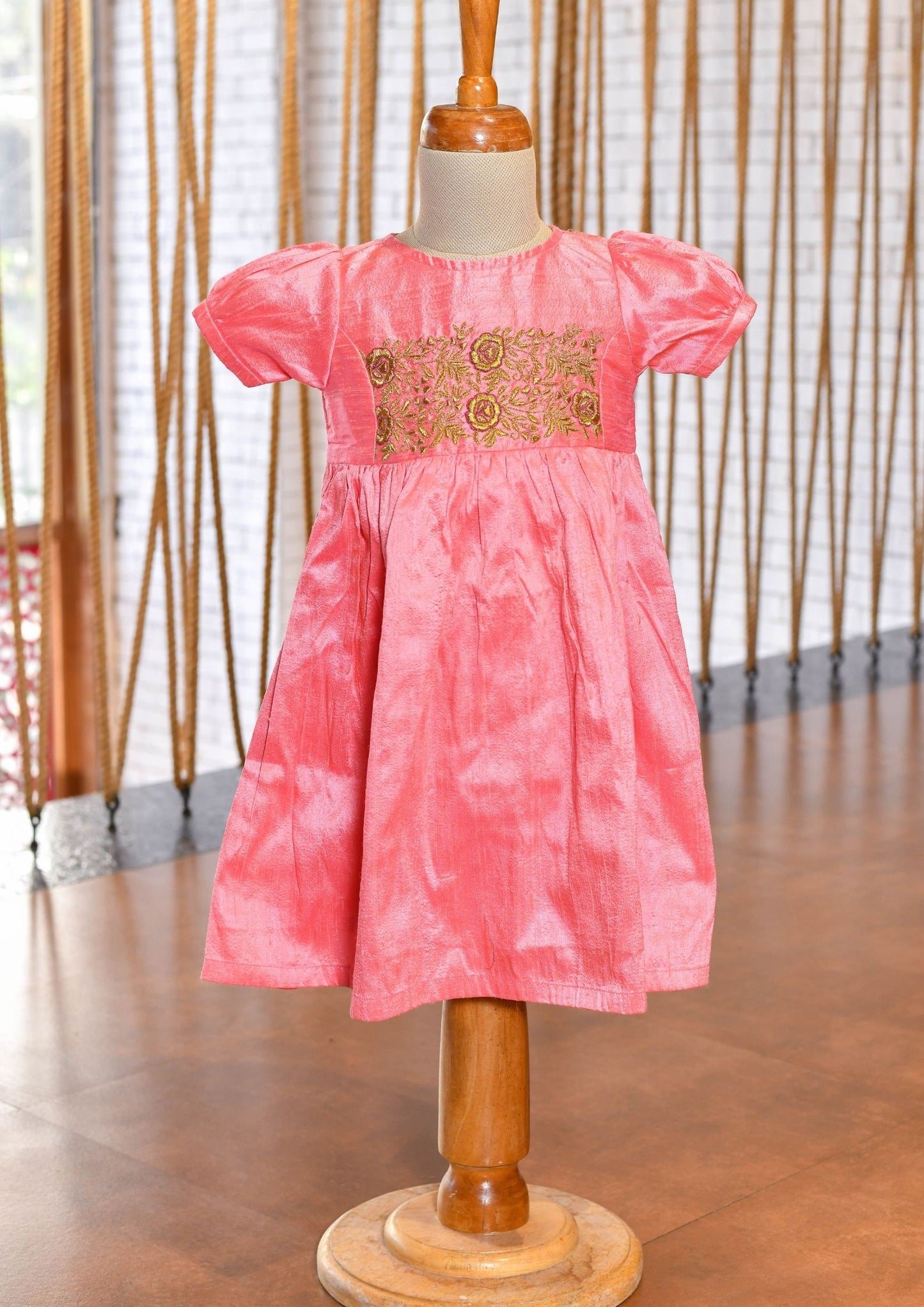 Kids girls - light pink hand embroidered raw silk frock