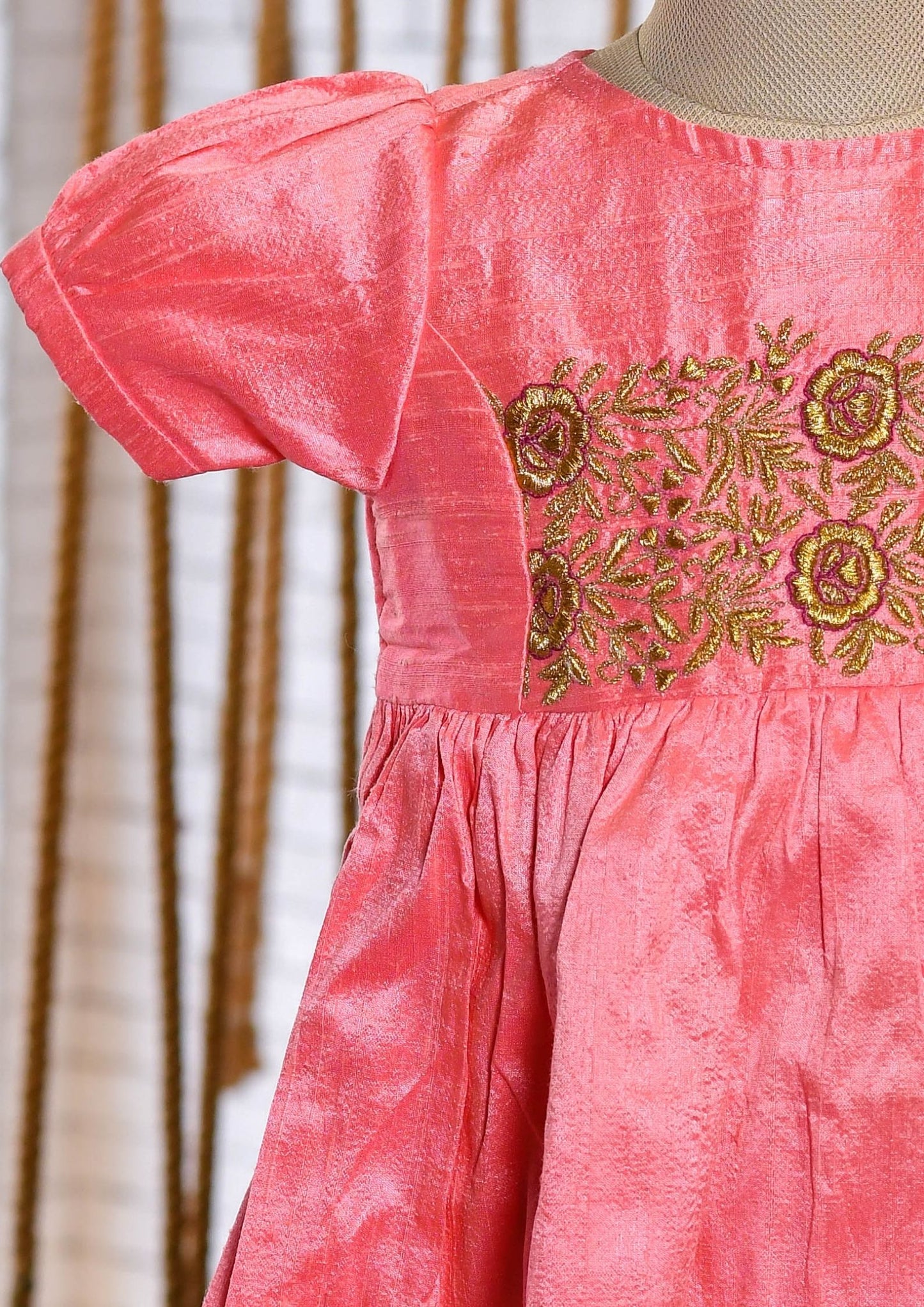 Kids girls - light pink hand embroidered raw silk frock