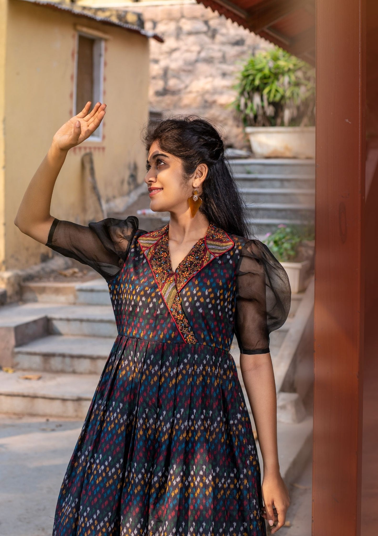 Hand Embroidered Black Ikat Silk Dress