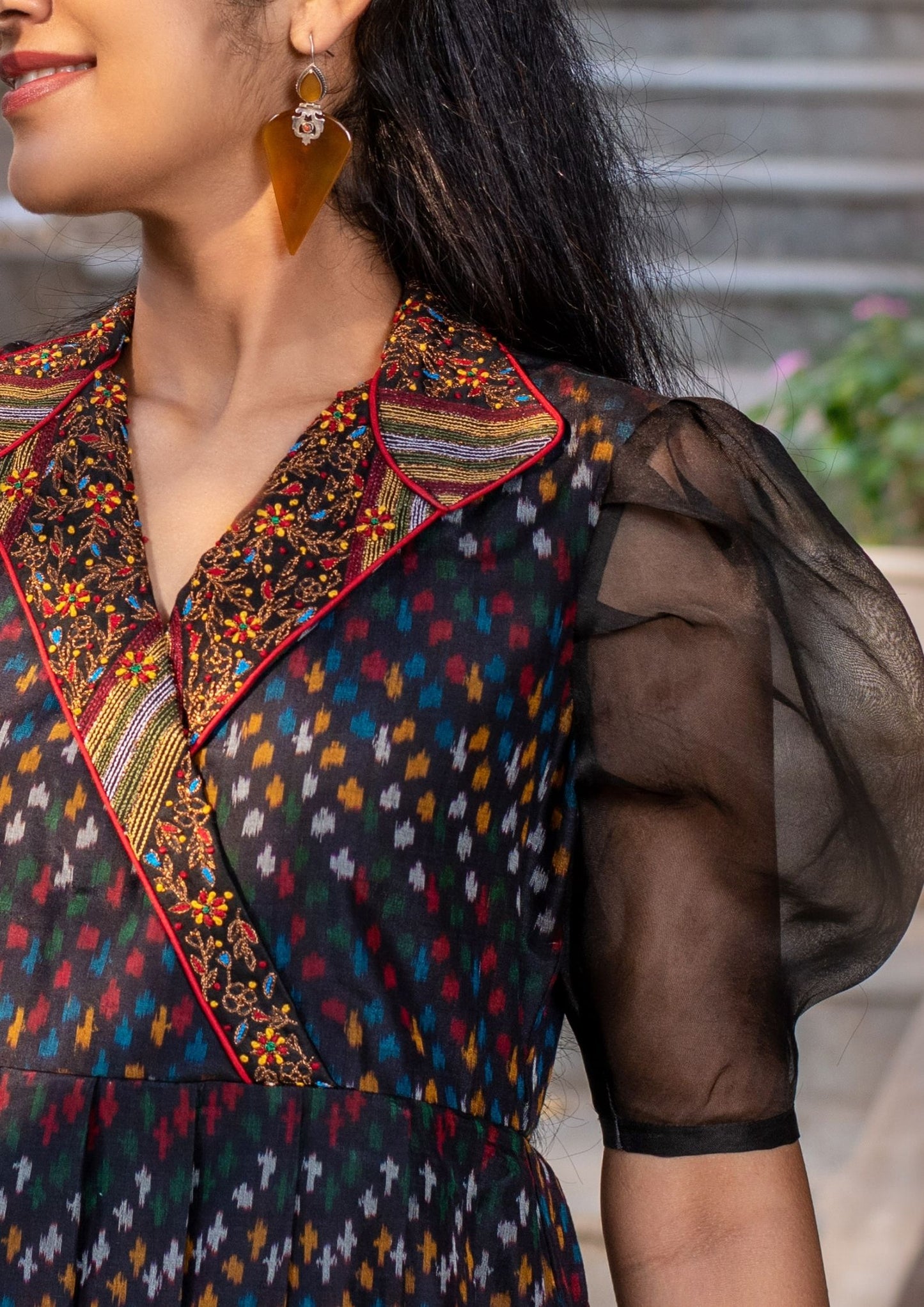 Hand Embroidered Black Ikat Silk Dress