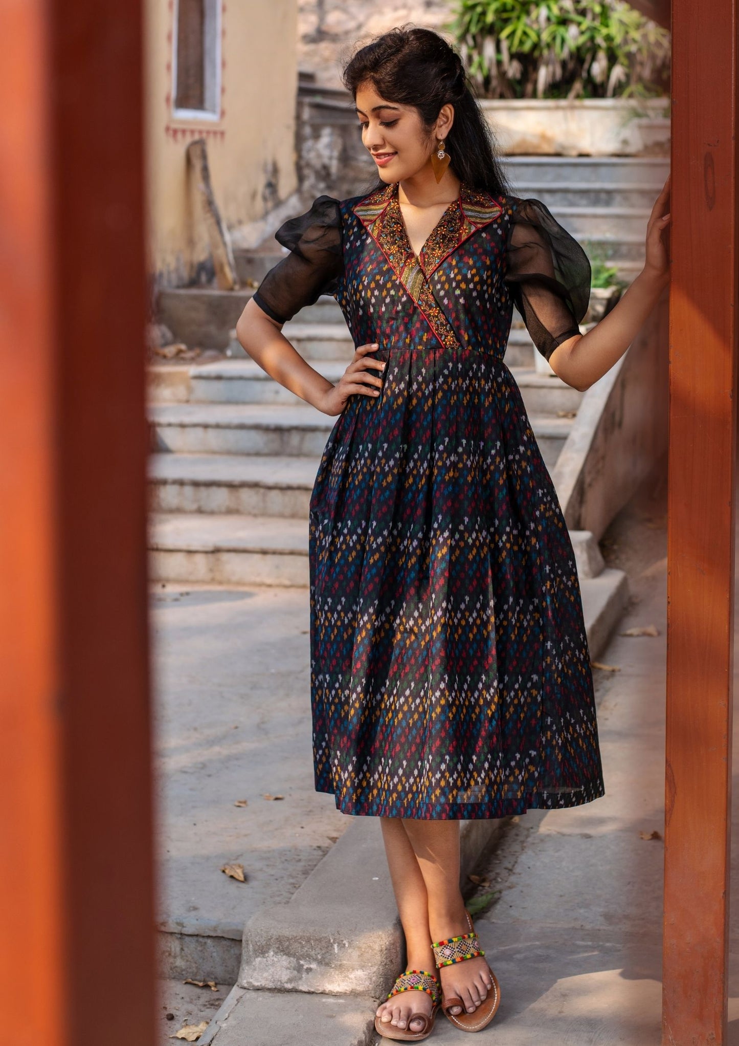 Hand Embroidered Black Ikat Silk Dress