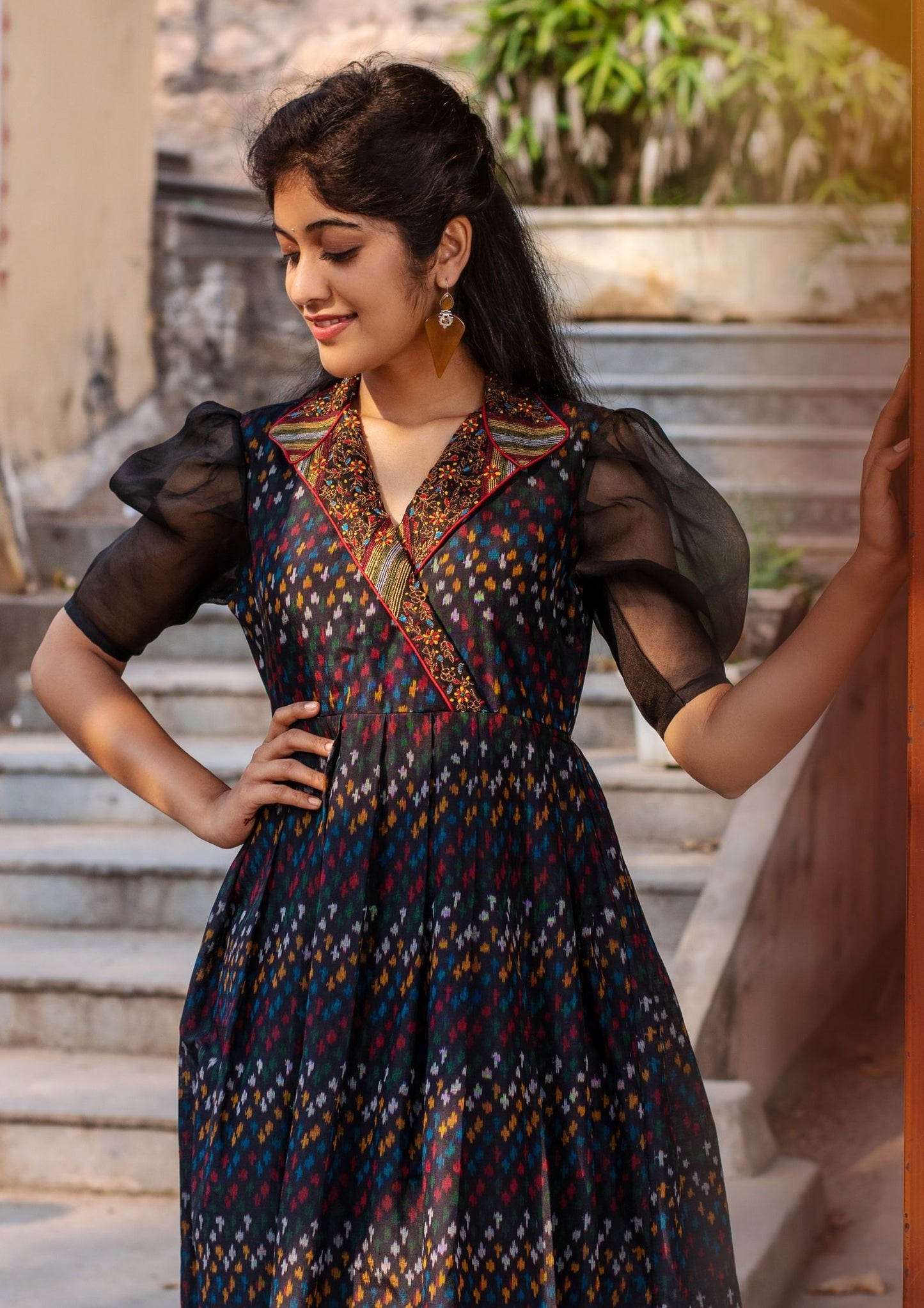 Hand Embroidered Black Ikat Silk Dress