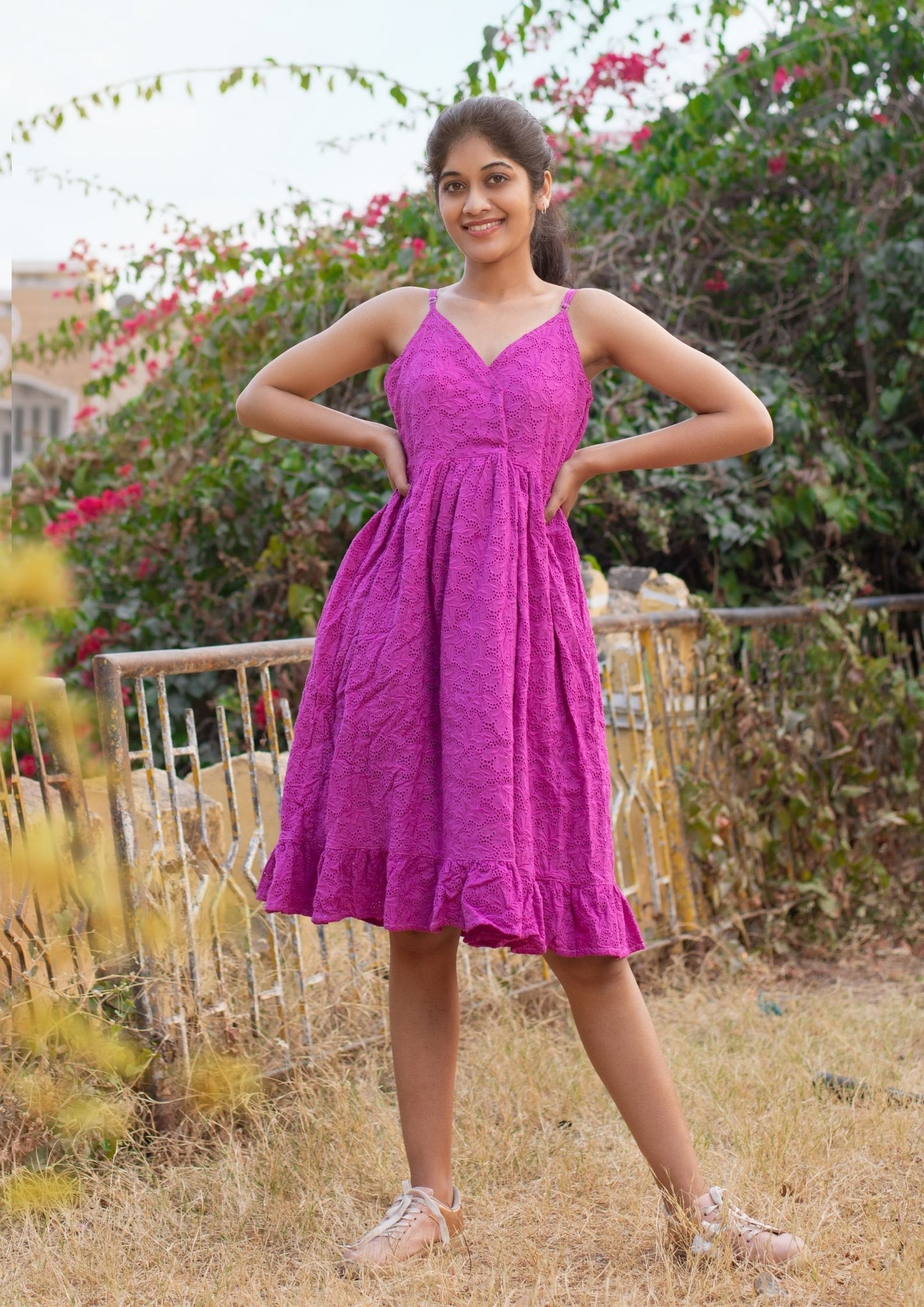 Schiffli embroidered strap dress