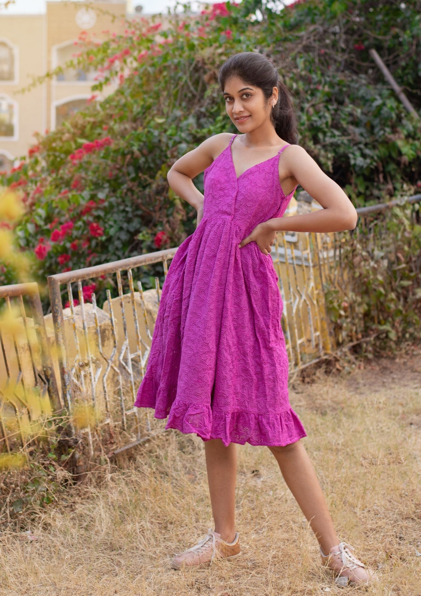 Schiffli embroidered strap dress