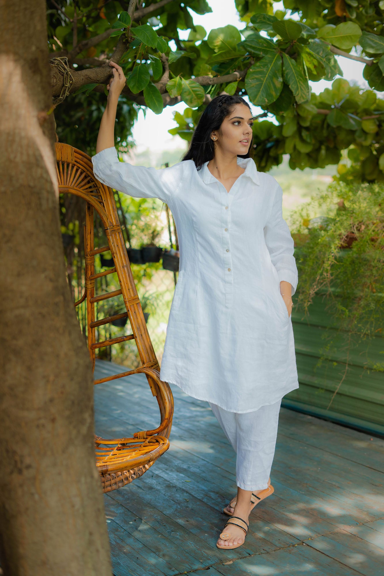 A line dress in linen .