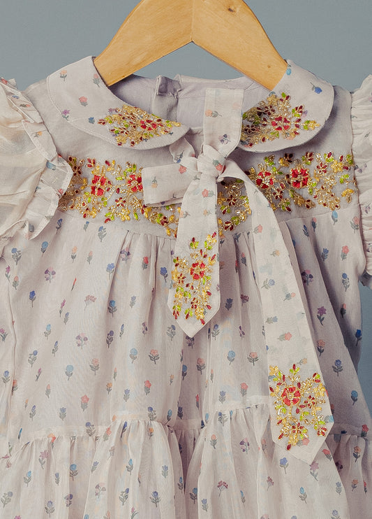 Kids girls frock with embroidered peter pan collar and tie up detail