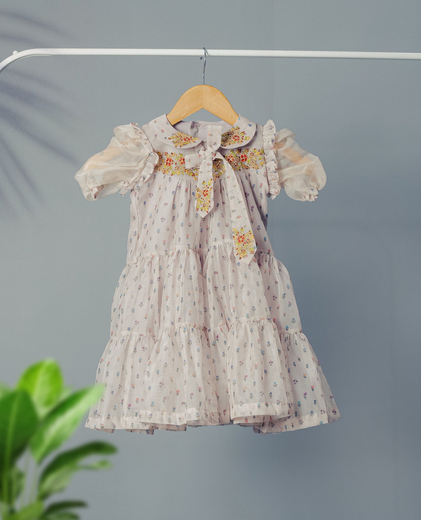 Kids girls frock with embroidered peter pan collar and tie up detail