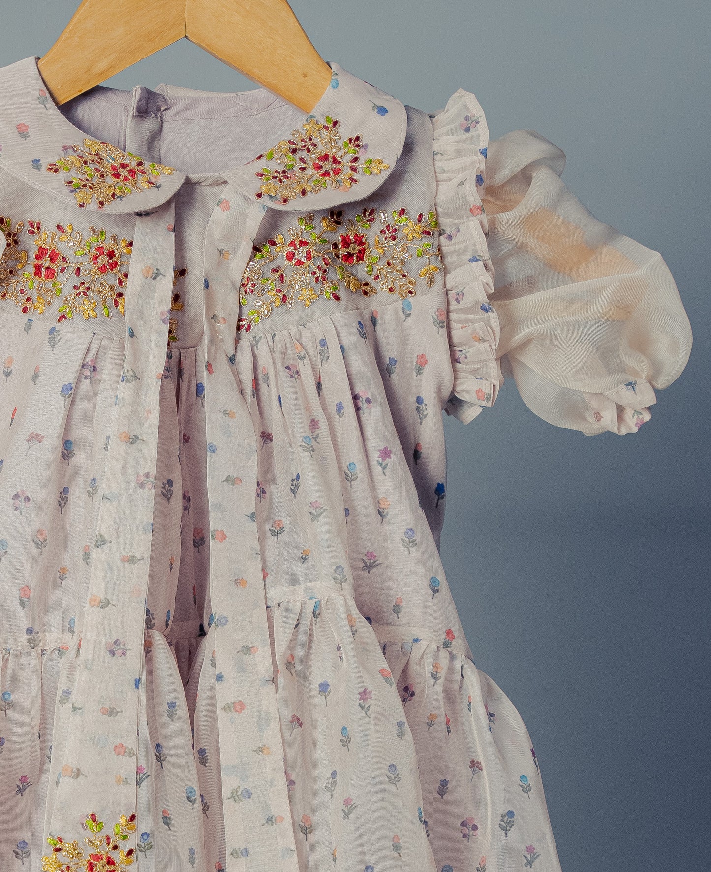 Kids girls frock with embroidered peter pan collar and tie up detail