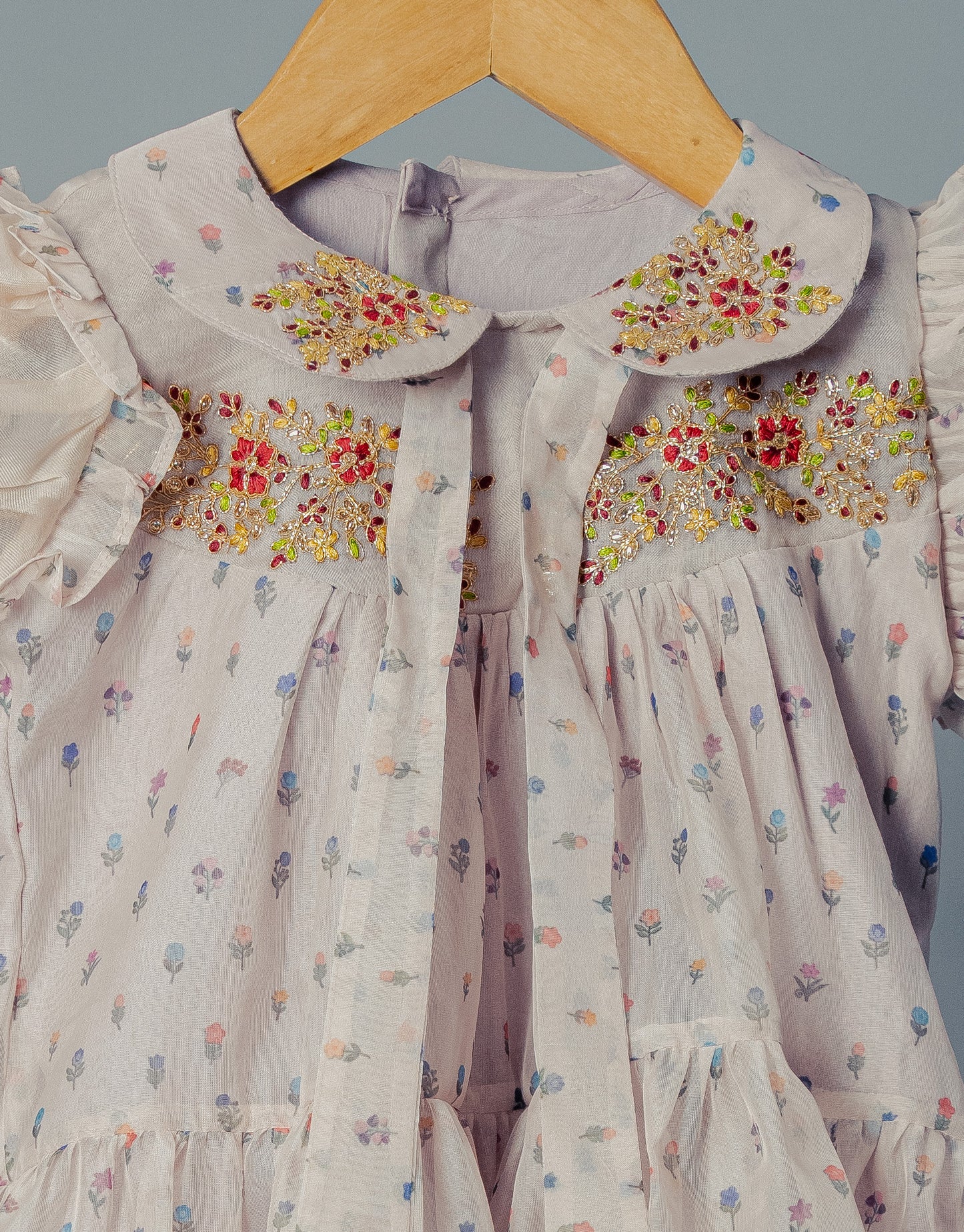 Kids girls frock with embroidered peter pan collar and tie up detail