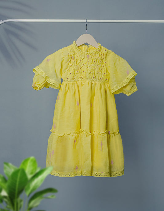 Kids girls yellow cotton jamdani hand smocked dress with beads detail