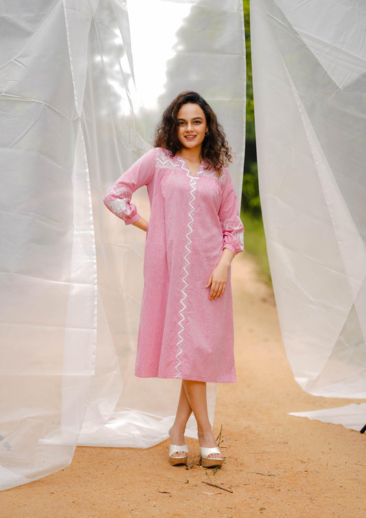 Women’s wear Embroidered A-line midi dress in pink