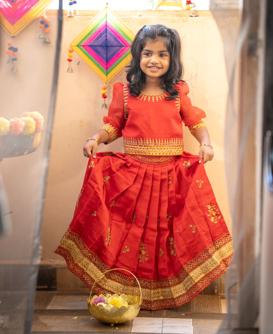 Kids girls chanderi crop top and lehenga with embroidery