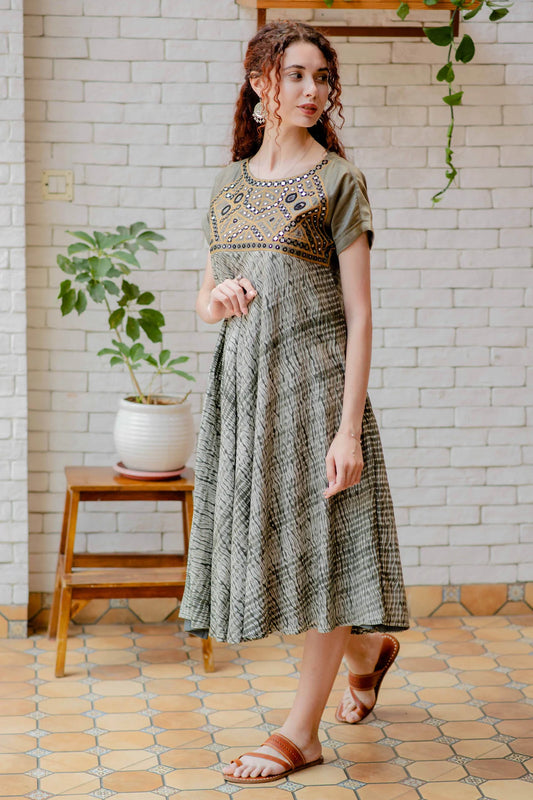 Women’s wear - Grey Shibori Mirror Embroidered Dress