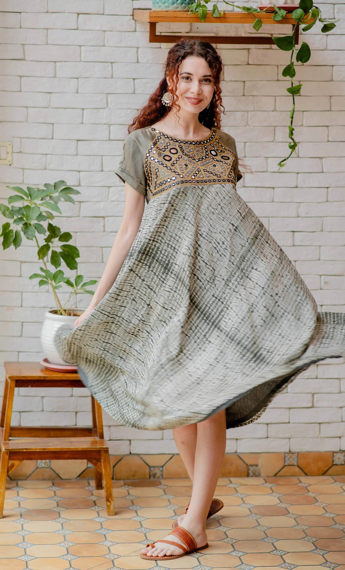 Women’s wear - Grey Shibori Mirror Embroidered Dress
