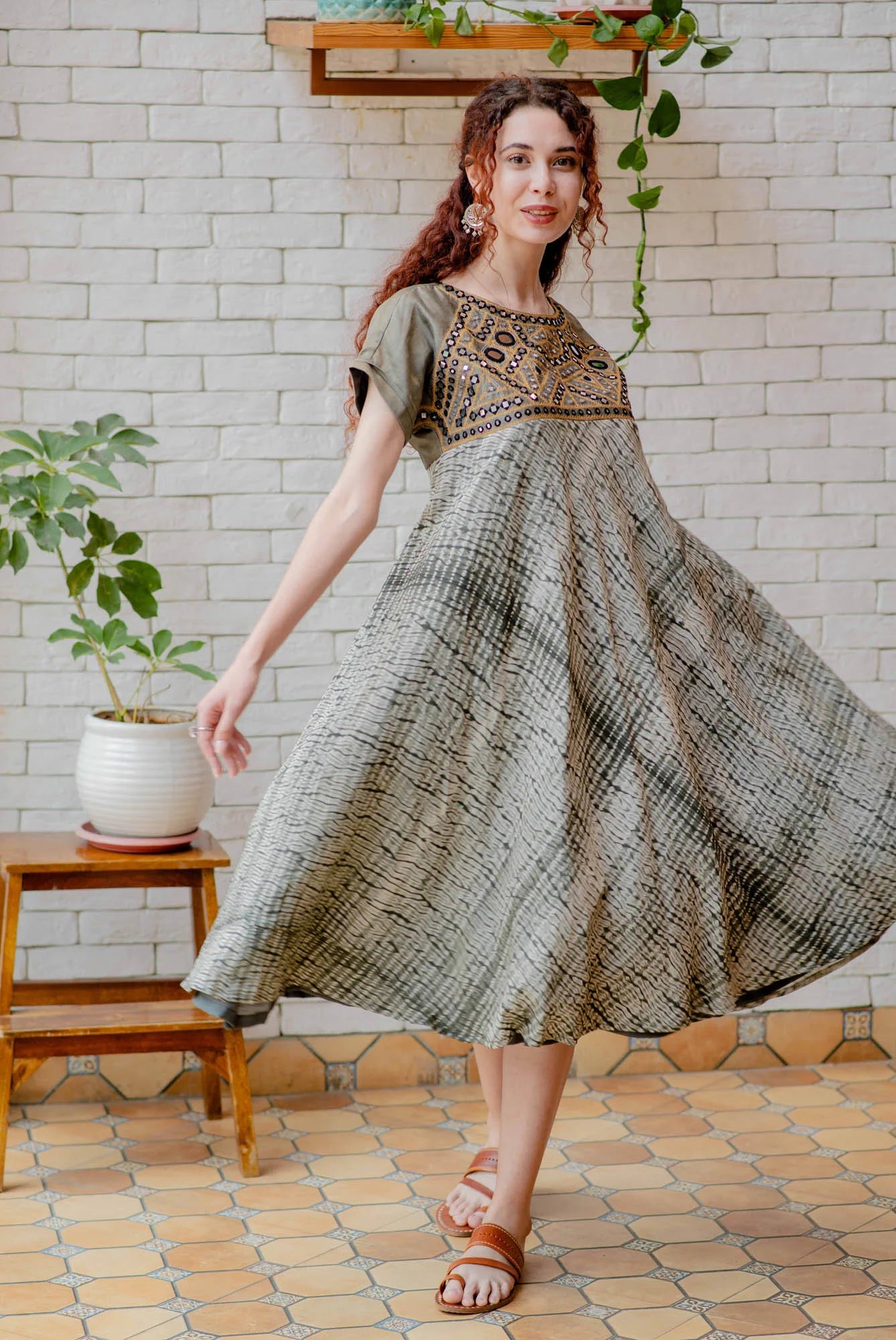 Women’s wear - Grey Shibori Mirror Embroidered Dress