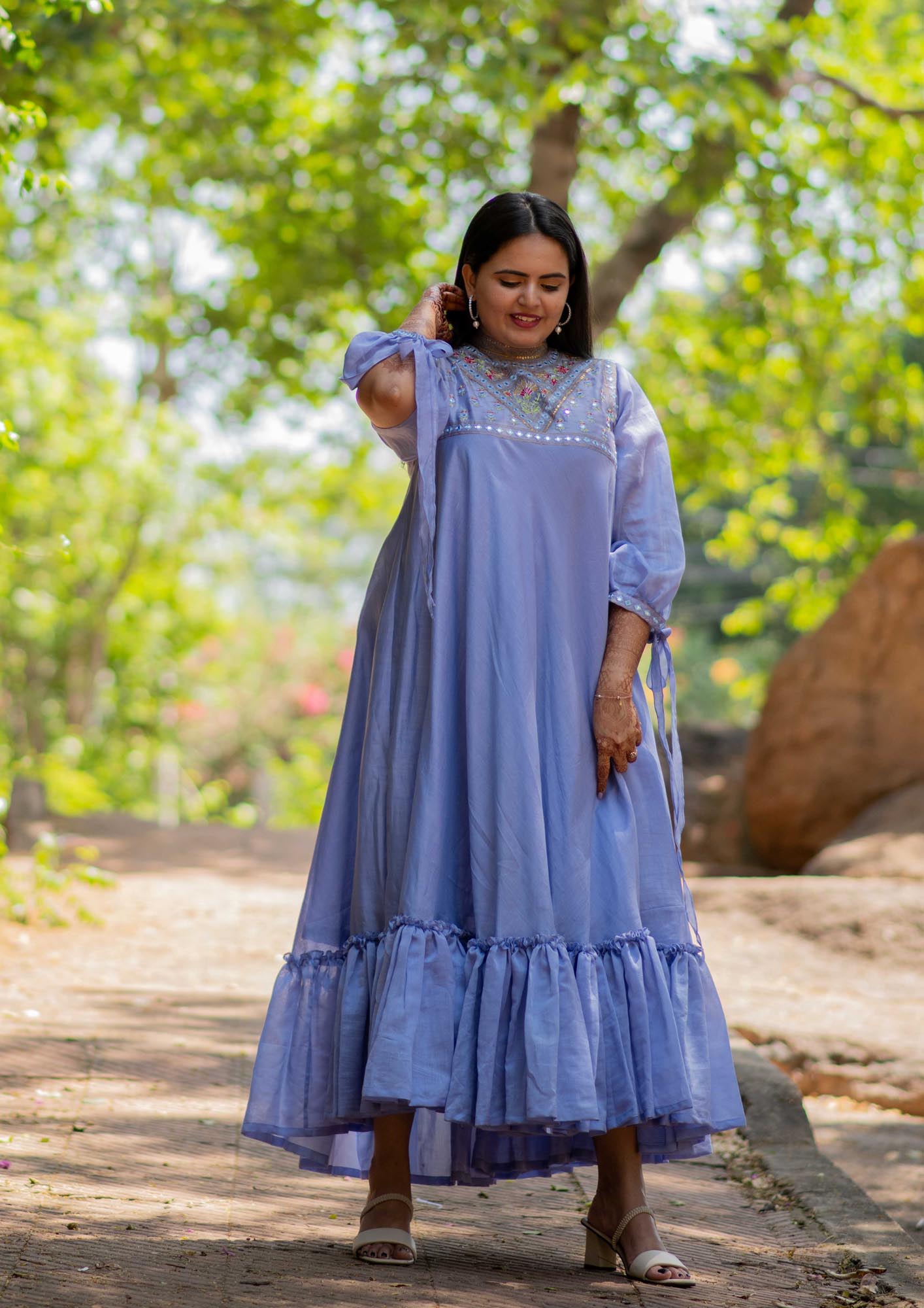 Women’s wear - Embroidered Chanderi Blue Long Dress with Slit Sleeves