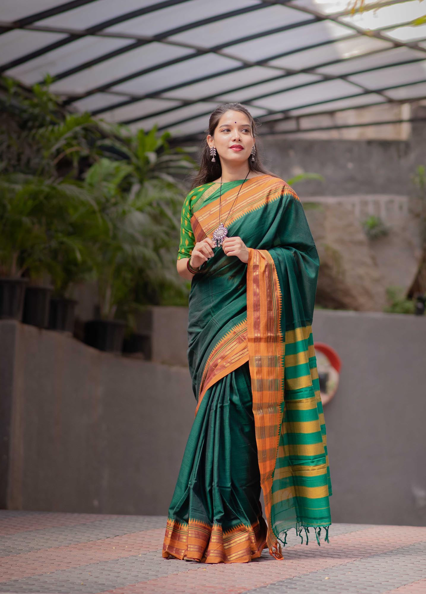 Saree - Narayanpet Green Cotton Saree with Golden Zari Border