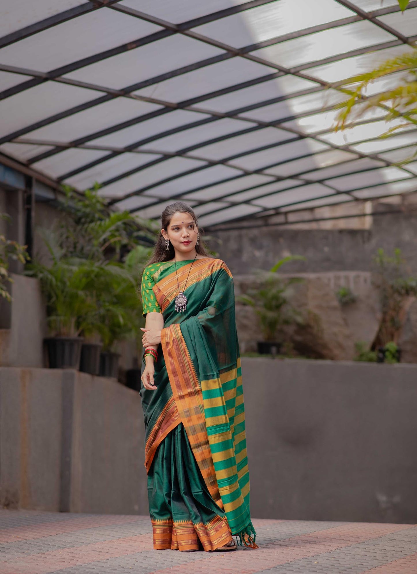 Saree - Narayanpet Green Cotton Saree with Golden Zari Border