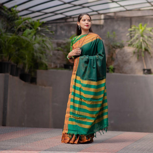 Saree - Narayanpet Green Cotton Saree with Golden Zari Border