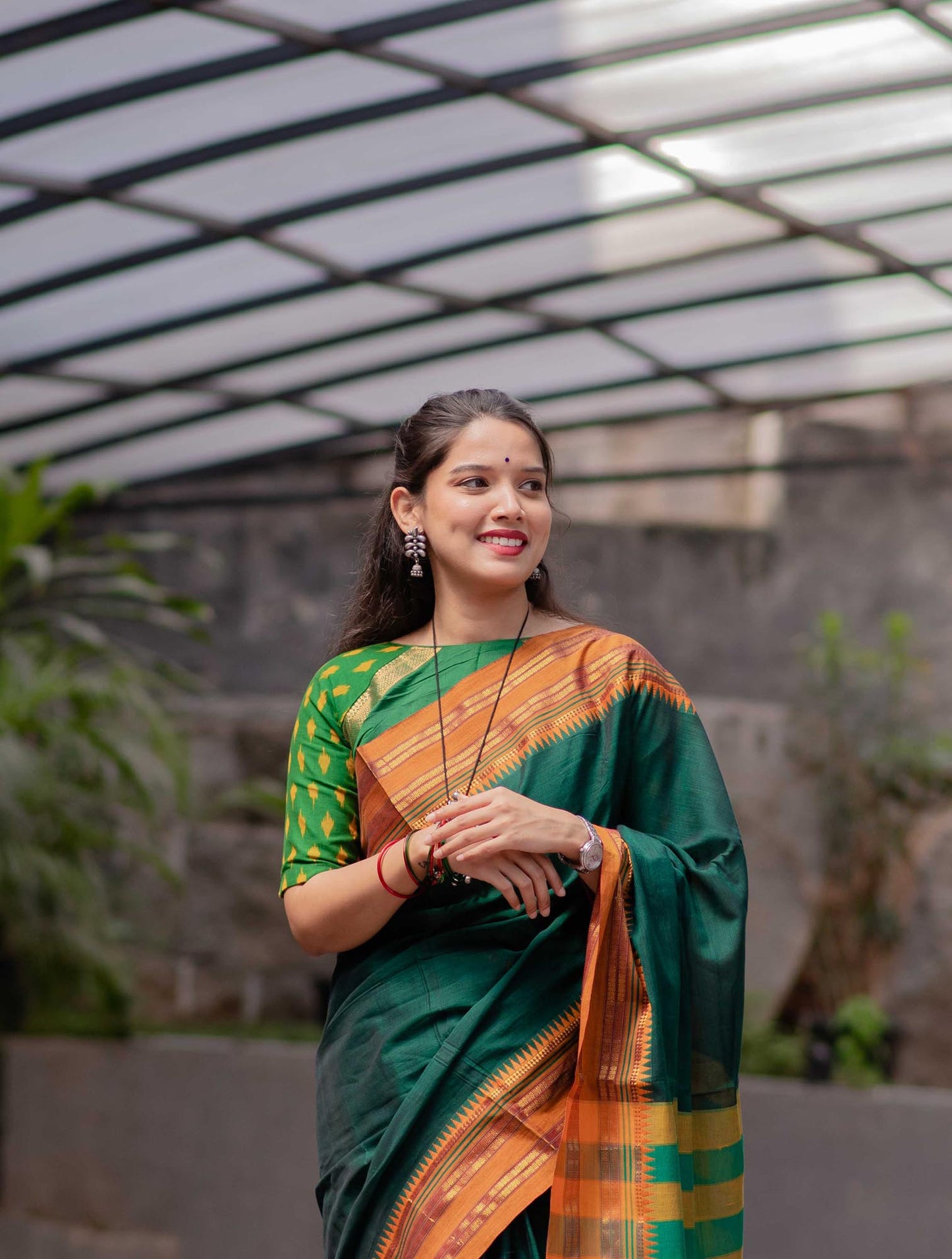 Saree - Narayanpet Green Cotton Saree with Golden Zari Border
