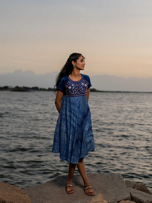 Blue Shibori Mirror Embroidered Dress