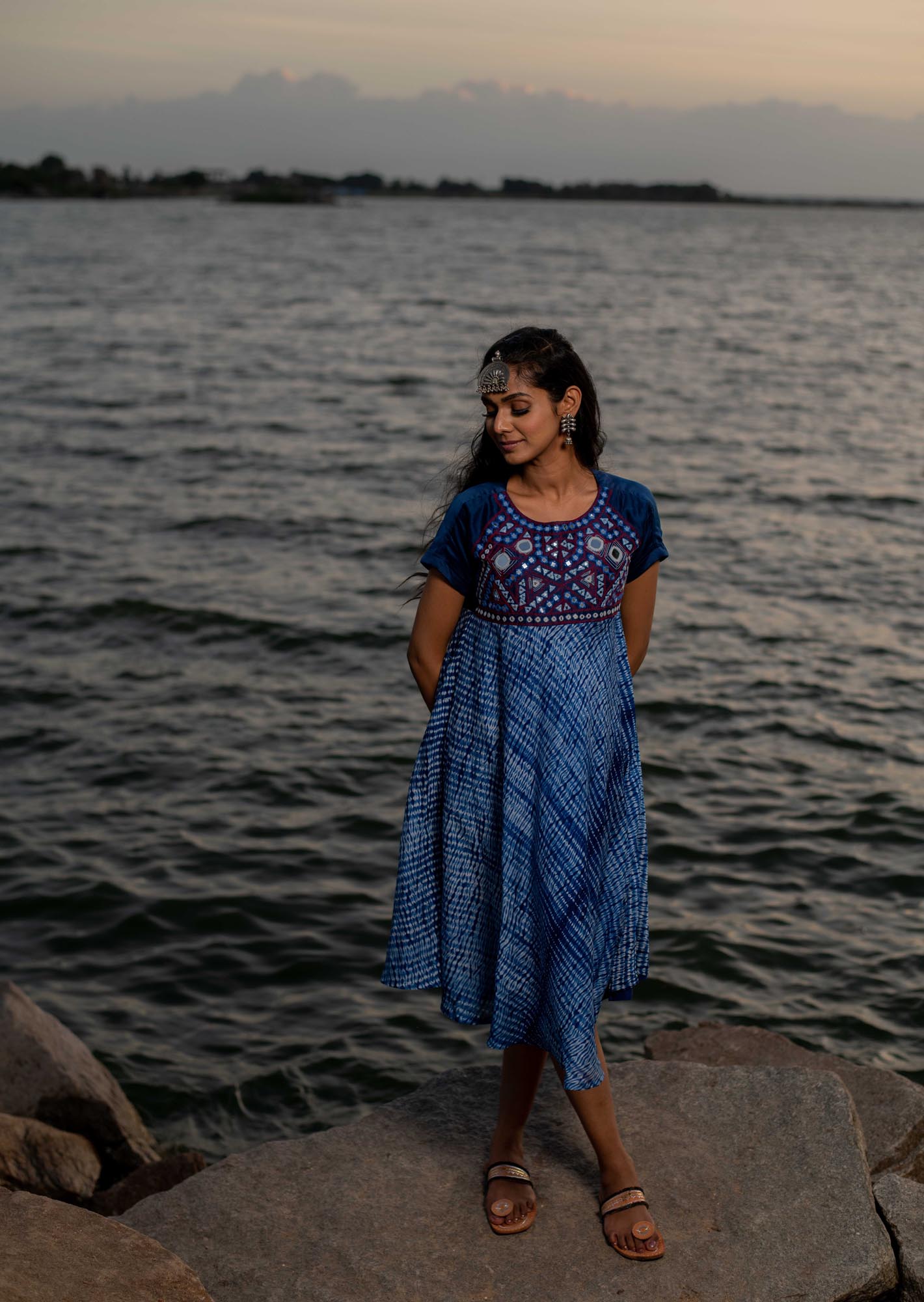 Blue Shibori Mirror Embroidered Dress
