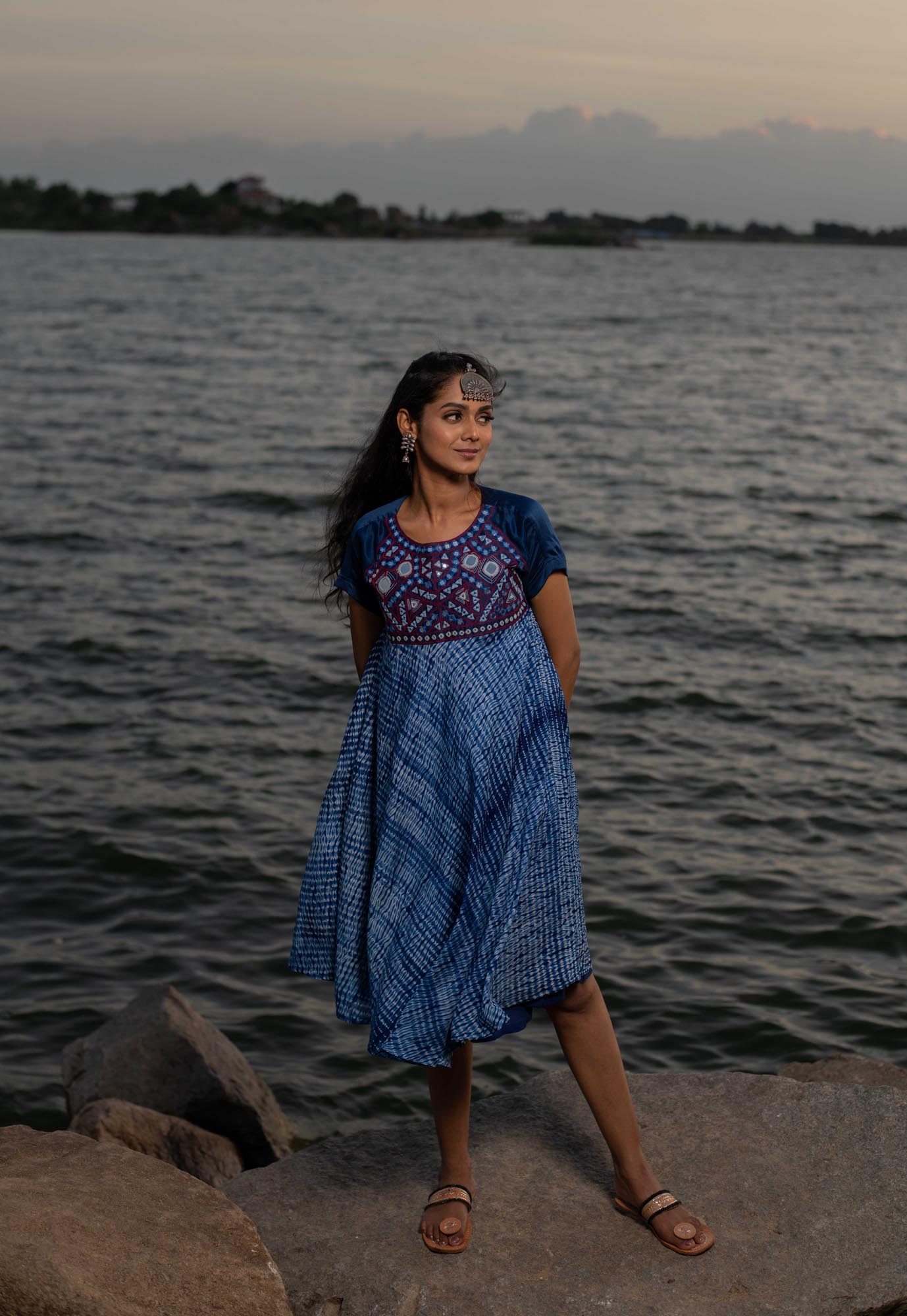 Blue Shibori Mirror Embroidered Dress