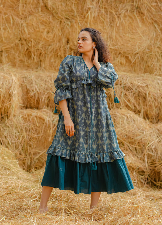Women’s wear A-line Ikat blue peasant midi dress