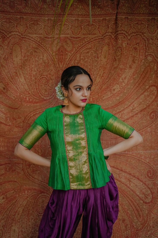Women’s wear Traditional chanderi peplum top and dhoti pants in green and purple