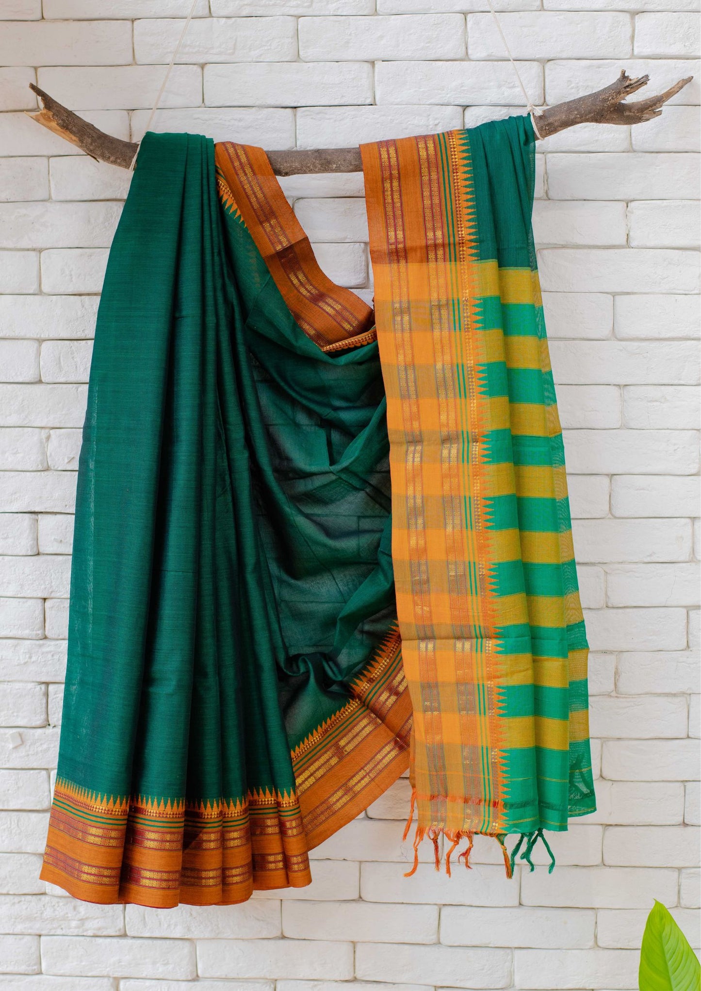 Saree - Narayanpet Green Cotton Saree with Golden Zari Border