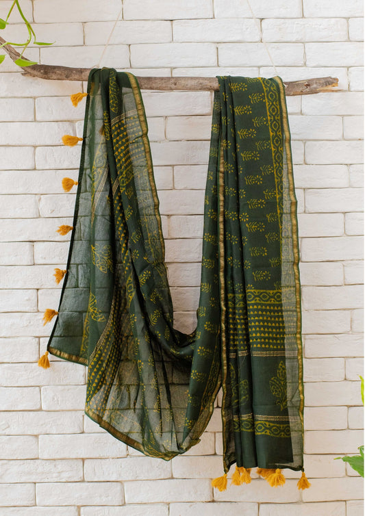 Chanderi Cotton Dark Green Dupatta