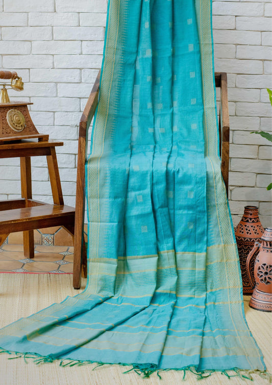 Saree - Handwoven Pure Tussar Soft Silk Blue Saree