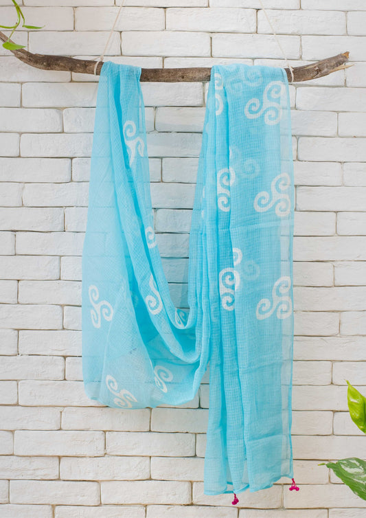 Kota Doria Sky Blue Dupatta with Batik Print
