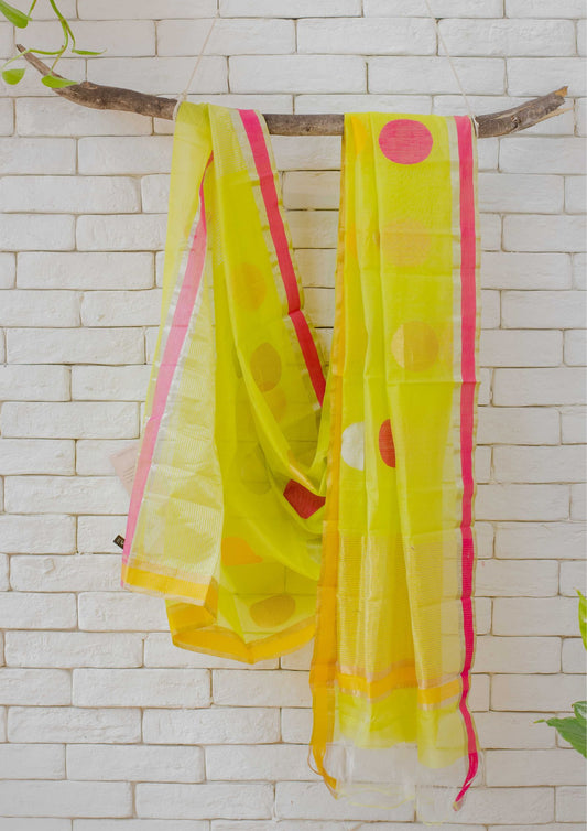 Hand Woven Chanderi Greenish Yellow Dupatta