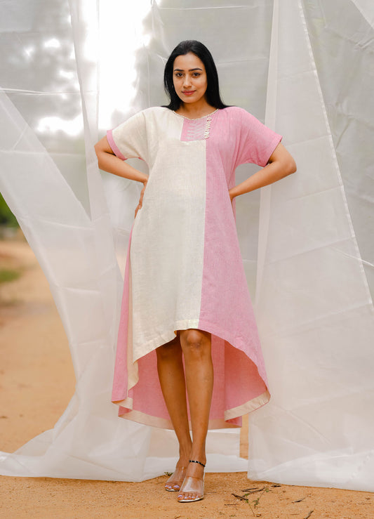 Women’s wear A-line cotton dress in white and pink