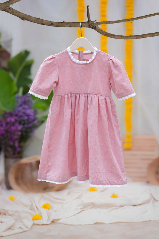 Kids girls cotton frock in pink with lace detail