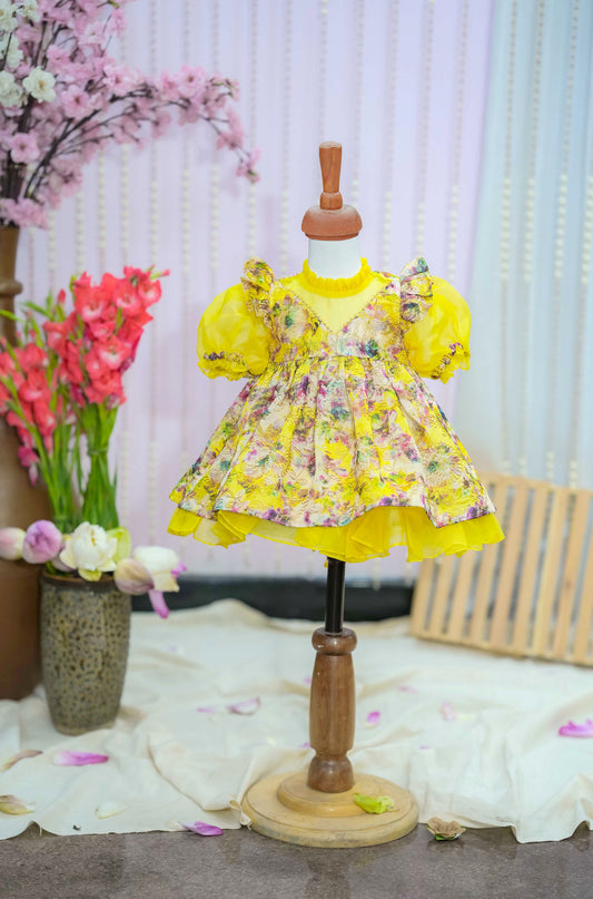 Kids girls fancy organza frock in yellow