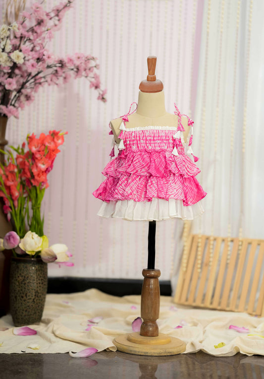 Kids girls tie up dress in pink white