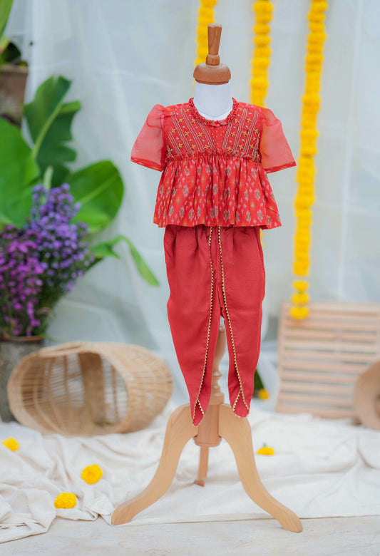 Kids girls embroidered ikat outfit red