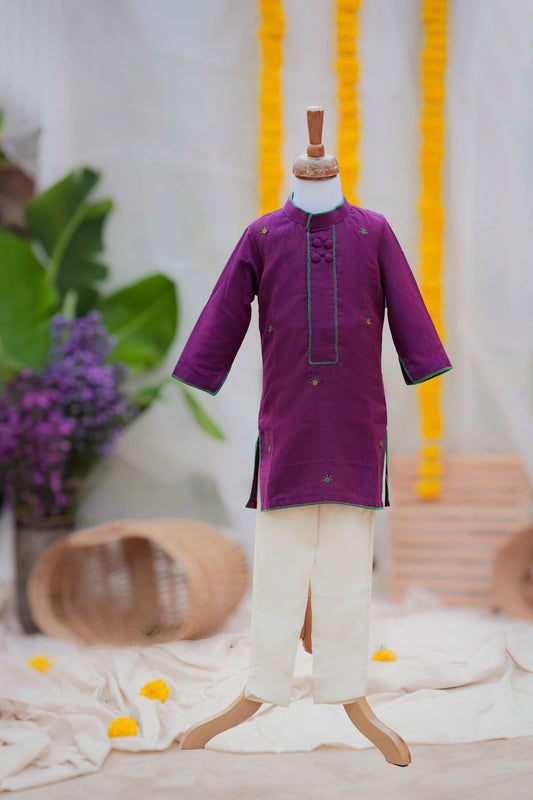 Kids boys cotton kurta set in purple and white