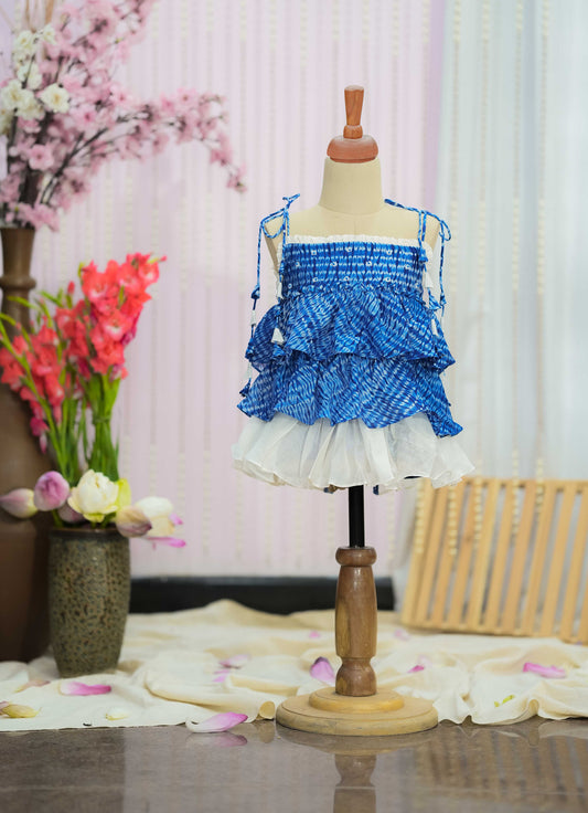 Kids girls blue and white frock with tie up sleeves