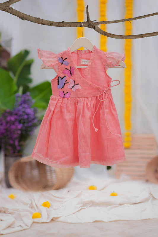 Kids girls peach Kota cotton frock with embroidery