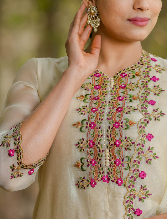 Women’s wear embroidered chanderi kurta set with organza dupatta beige